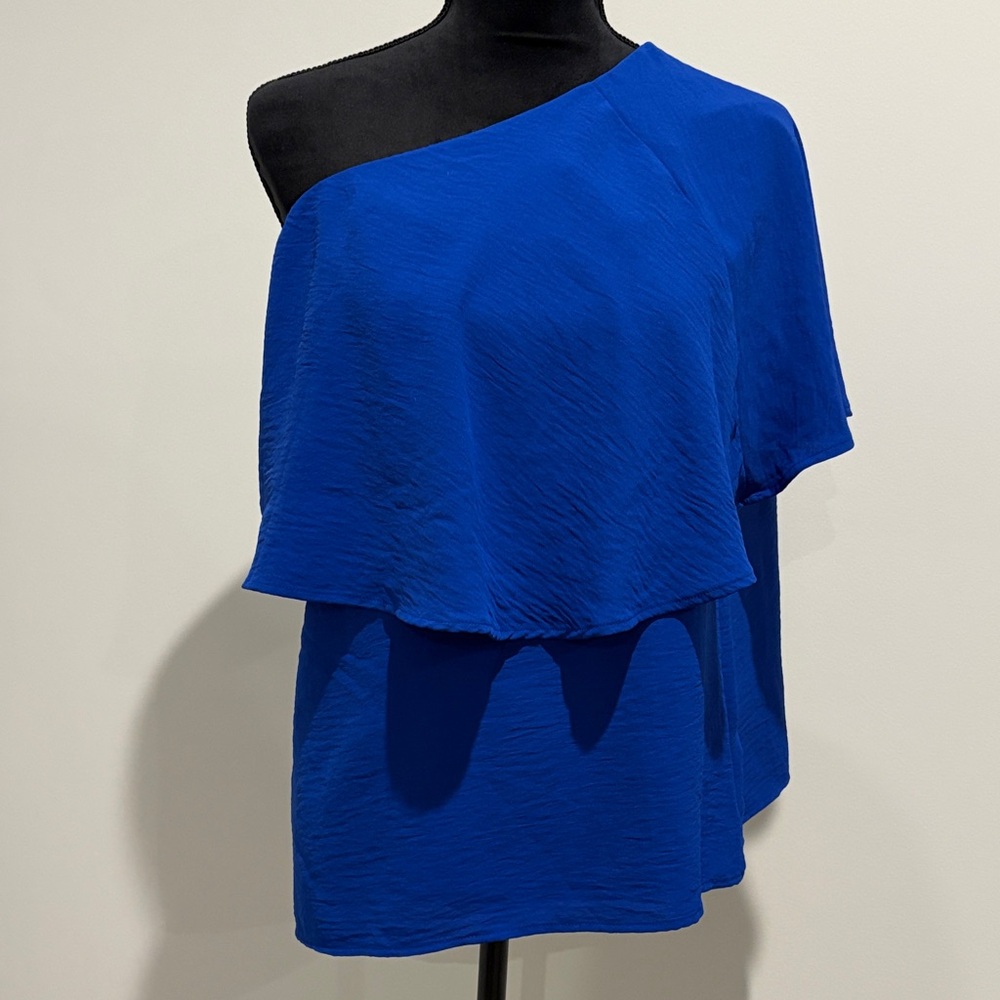 JODIFL Royal Cobalt Blue One-Shoulder Asymmetrical Popover Blouse Medium